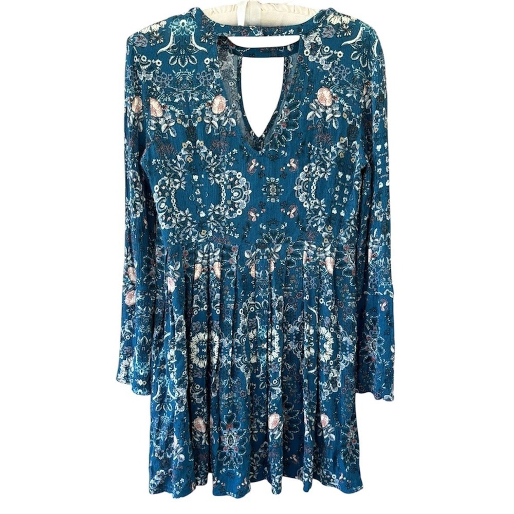 Altar'd State Dress Womens M Dark‎ Teal Blue Floral Boho Bell Sleeve Western